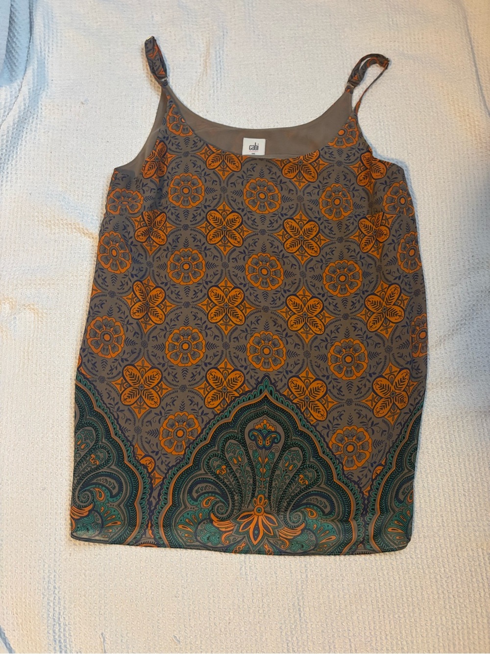 Cabi Patterned Sleeveless Tank with Paisley Border - Gray/Taupe, Orange & Green